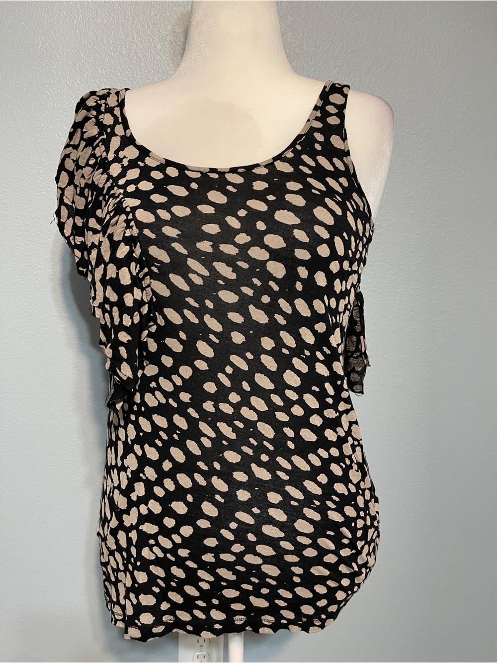 Torn By Ronny Kobo Ruffle Top Black Tan Asymmetrical Sleeveless Indie Medium